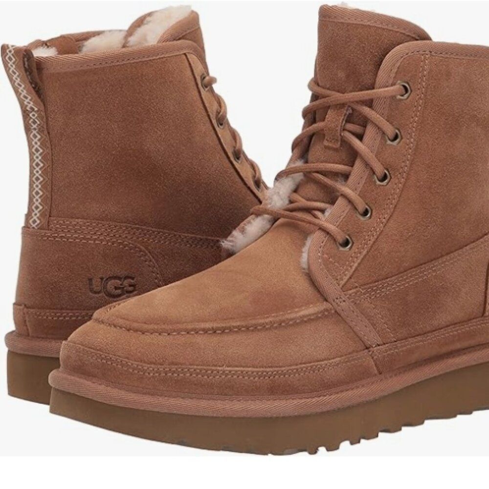 NWOT UGG Plush Neumel High Moc Brown Wool Suede Lace-Up Boots Fur Lining in 7